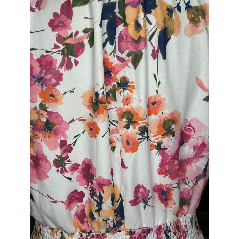 Sam And Jess NWT Tiered Mini Dress Size L White Pink Peach Smocked Sleeveless 🌼 - Picture 6 of 8